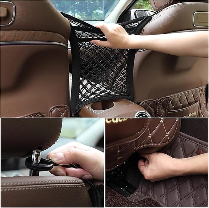 3-Layer Car Mesh Organizer, Seat Back Net Bag | Barrier of Backseat Pet Kids, Cargo Tissue Purse Holder, Driver Storage Netting Pouch, Upgrade Stretch Length