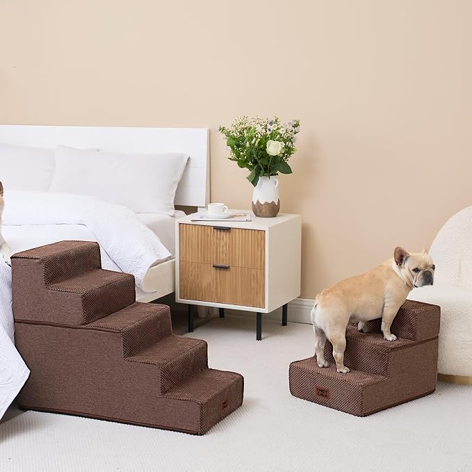EHEYCIGA Dog Stairs for Small Dogs 13.5" H, 3-Step Dog Steps for Cats, Brown