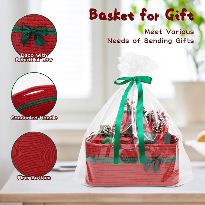 OIAHOMY Christmas Basket with Gift Bags and Ribbons, Woven Storage Basket for Decorations, Nursery, Pets - Red