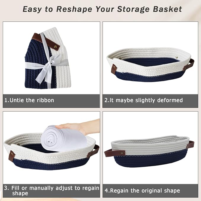 1 Pack Small Woven Storage Basket for Toilet Tank Top, Bathroom Countertop Organizer Cotton Rope Toilet Paper Storage Decorative Basket 13"x6"x4"(Navy/White)