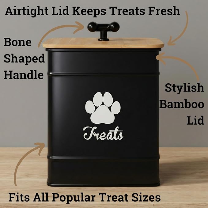 Dog Treat Container Airtight, 6"W x 8"H, Powder Coated, 12 Cup Capacity | Fits All Popular Treats, 12 Cup Capacity, Airtight Bamboo Lid, Easy Open Lid, Dent-Resistant Durable Metal Bone-Shaped Handle