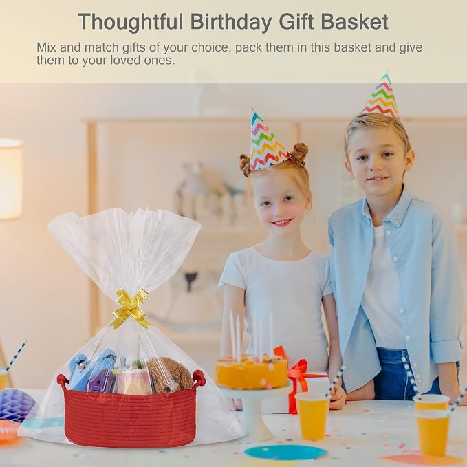 Small Empty Gift Basket with Bag & Ribbons, Red | 12“x8”x5”, Cotton Rope Woven Basket for Birthdays, Baby Showers, Mother's Day, Christmas; Stores Small Items, Kids & Pet Toys