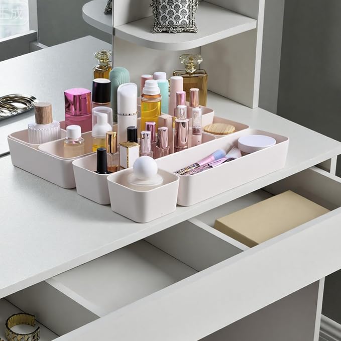 9 Pcs stackable drawer organizer Set, Multifunctional desk drawer organizer Trays for Vanity, Bathroom, Kitchen, Office, Plastic Storage Bins in Beige, 5 Sizes