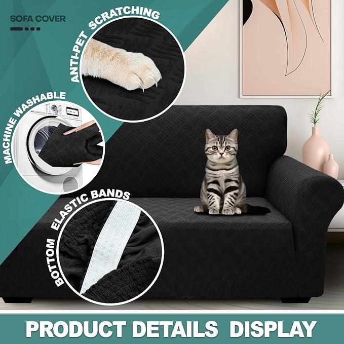 YEMYHOM Couch Cover Latest Jacquard Design High Stretch Sofa Covers for 2 Cushion Couch, Pet Dog Cat Proof Loveseat Slipcover Non Slip Magic Elastic Furniture Protector (Medium, Leaf Patten Black)