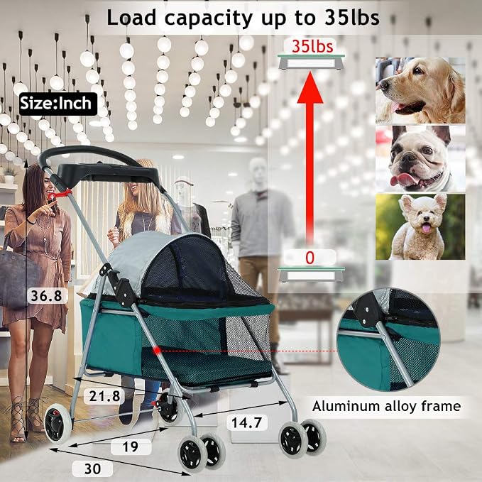 Dog Stroller Pet Stroller Cat Strollers Jogger Folding Travel Carrier Durable 4 Wheels Doggie Cage with Cup Holders 35Lbs Capacity Waterproof Puppy Strolling Cart for Small-Medium Dogs, Cats - Teal