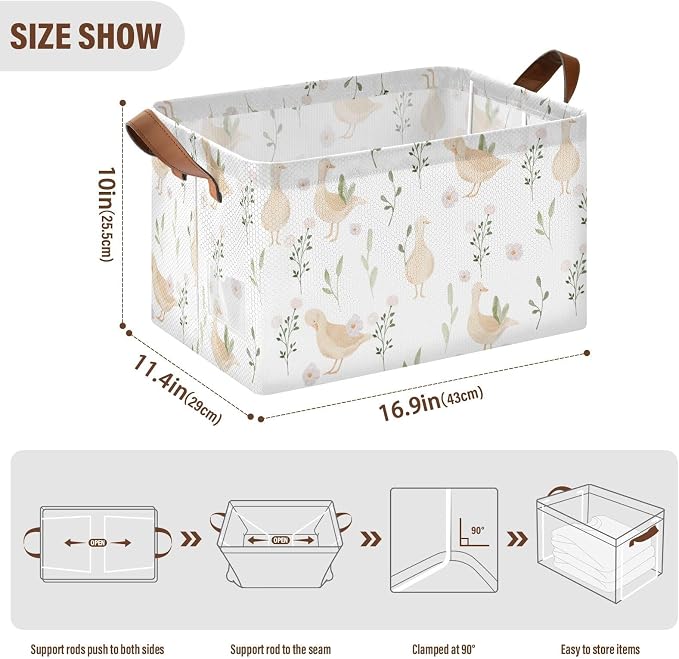 Cute Goose with Floral and Leaves Storage Basket Foldable Cube Storage Bins with Handles&Label Collapsible Organizer Box Bin Large Rectangle Decorative Baskets for Shelves Home Living Room Closet