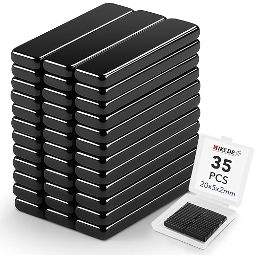35 Pack Neodymium Bar Magnets 20x5x2mm Black | Fridge Magnetic Strips Refrigerator Blocks Crafts Extra Super Sticky Bar for Science Experiments Classroom Craft Office