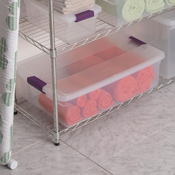Sterilite ClearView Latch Boxes, Storage Bins with Lids, 32 Quart, 12-Pack | Clear Plastic Organizers with Color Accent Latches for Closet, Bedroom, Shelving Units, Dorm Room and Home Organization