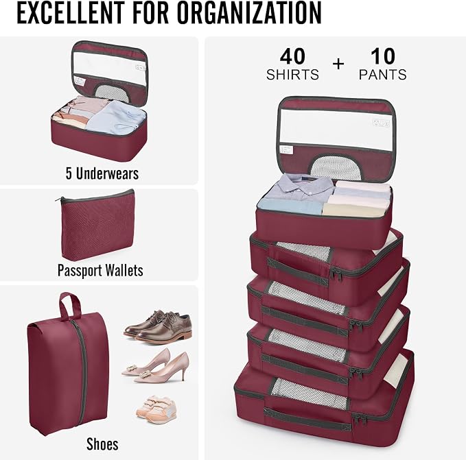 Veken 10 Set Packing Cubes for Travel Essentials, Suitcase Organizer Bags in 4 Sizes, Carry-On Luggage Accessories with Laundry Bag, Airplane Must Have with 99-Count Mesh Holes