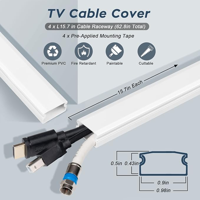 62.8in Black Cord Hider for TV on Wall, Paintable Cord Cover Wall Kit | Wire Cover for Wall, Cord Hiders for TV on Wall, Hide Cords Wall Mounted TV - Cord Concealer Cable Channel: W0.98in H0.5in