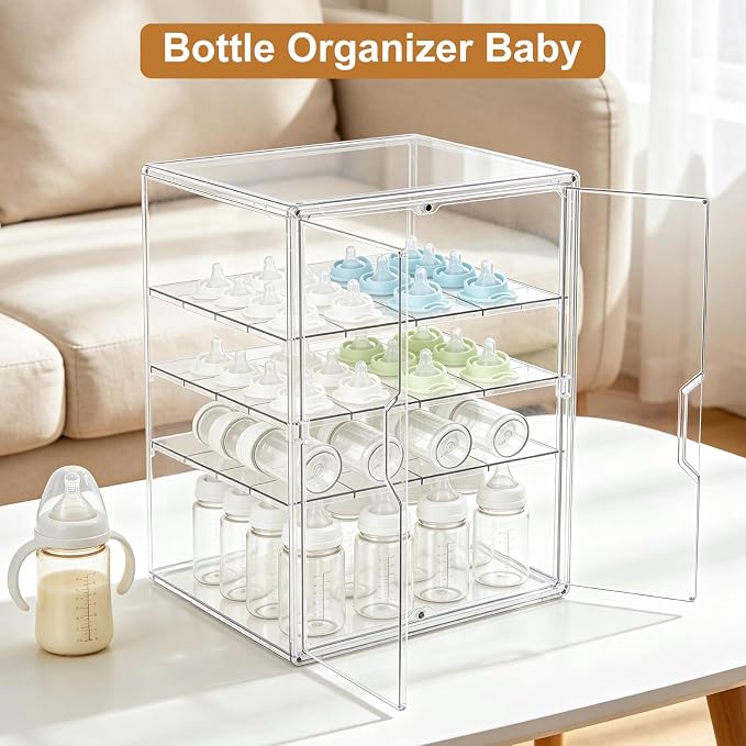 ERTIUANIO Baby Bottle Organizer for Countertop Cabinet Storage | 4 Tier Adjustable Clear Acrylic Station Container with 3 Removable Dividers for Vanity, Bathroom, Nursery, Gifts for New Mom