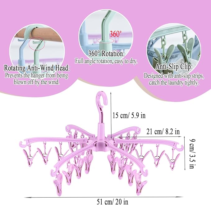 Clothes Sock Drying Hanger with 24 Clips,Foldable Hanging Rack | hanger with 24 clips for drying,drying rack clothing, for Lingerie Baby Clothes Drying Towels laundry hanger(Pink)