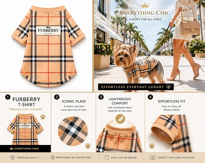 Dog T-Shirts for Small Dogs, Designer Dog Clothes, Luxury FurberryTee | Dog T-shirts for small dogs; soft lightweight designer dog clothes with luxury comfort for Chihuahuas, Yorkies and Dachshunds