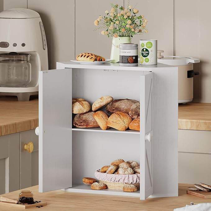 Trironsun Corner Bread Box for Kitchen Counter Double Layer Bamboo Bread Storage Container Large Capacity Bread Storage Bin Farmhouse Breadbox Organizer (White)