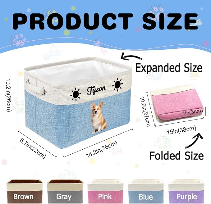 Amlion Personalized Dog Toy Basket Storage,Custom Pet Collapsible Bins with Name Photo Customized Box Organizer for Toys Dolls Clothing - Gray