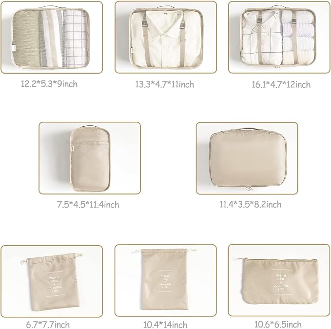 LANSKLBD 6/8 Set Packing Cubes for Suitcases Travel Luggage Packing Organizers,Travel Accessories Essentials Luggage Organizer with Shoe/Tioletry/Laundry Bag (Beige, 8 set)