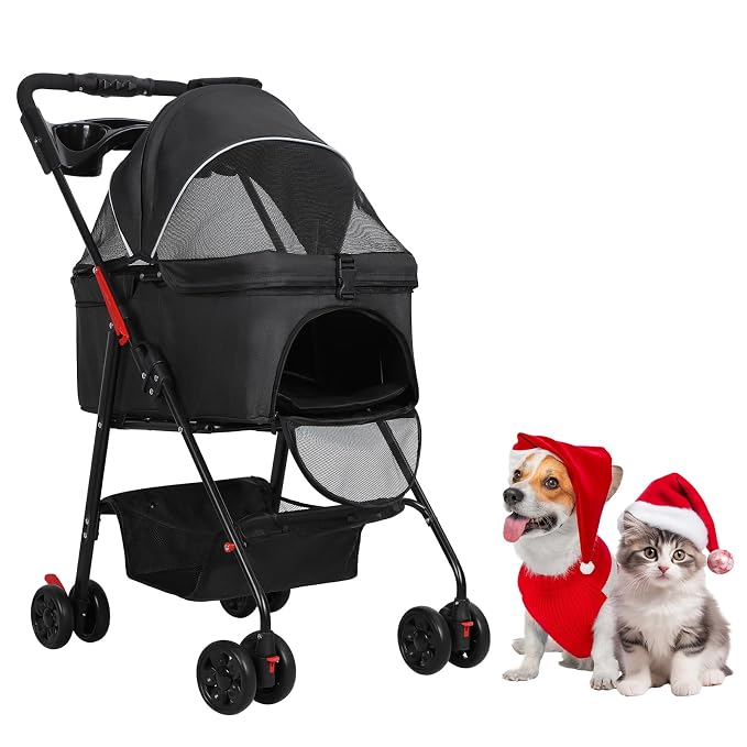 Pet Stroller, 4 Wheel Foldable Dog and Cat Stroller with Removable Carrier, Holds Up to 17.6 lbs, Breathable Mesh Canopy, Storage Basket & Cup Holder for Walking Shopping Travel Outdoors Black