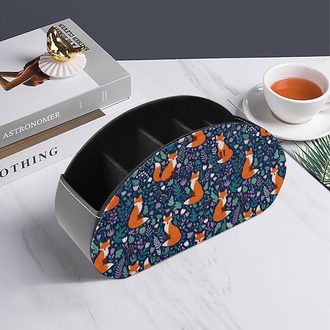 TV Remote Control Holder Organizer for Desk Fox 5 Compartment | Remote Caddy Box, Fox, Pu Leather, Fit Media Player, Maleup Brush, Office Supplies Accessory
