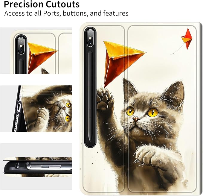 for Samsung Galaxy Tab S9 11 Inch/S9 FE 10.9 Inch 2023 Case | Slim Leather Smart Cover with Multi-Angle Anti-Slip Stand [Auto Wake/Sleep] Shell for Women Men, Gray Cat Painting