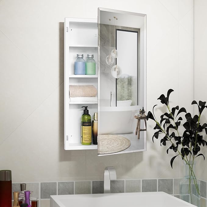 White Metal Medicine Cabinet, 18 x 30 Beveled Mirror, Surface Mount Storage | 18 x 30 Mirrored Medicine Cabinet with Adjustable Staggered Shelves, Piano Hinge, Left/Right Swing, Preassembled, Matte White