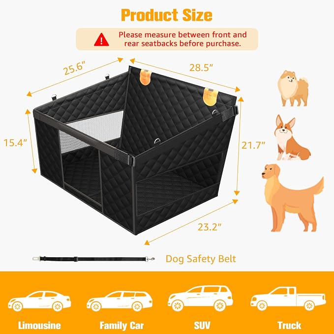 Large Dog Car Seat, Back Seat Extender for Dogs with Hard Bottom | Waterproof Medium Carseat for Dogs with 3 Mesh Windows, Pet Seat Cover for Cars, Trucks and SUVs