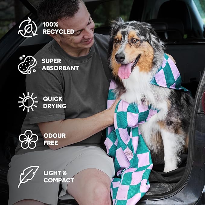 Dock & Bay Pet Towel - Super Absorbent & Quick Drying Dog Towels with Bag - 100% Recycled - Check Mutt, Large (120x70cm, 47x27)