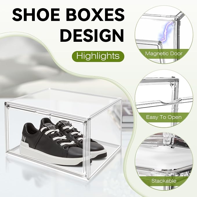 1 Pack Clear Plastic Shoe Boxes, Stackable Magnetic Door, Fit Size 12.5 | 14.2 x 10.6 x 8.1 in clear plastic boxes for daily sneakers, casual shoes and closet storage