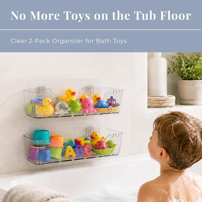 Bathtub Toy Storage, 2 Pack Clear, No-Drill Clear Bath Toy Holder | 4 Adhesive Backplates Included, BPA-Free PET, Fast-Drain Design, Wall-Mounted Detachable, 12 lbs Load Capacity Each