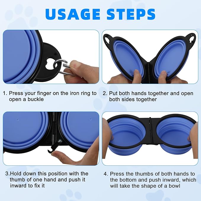 Collapsible Dog Dual Bowls, 2-in-1 with Locking Clip for More Stability 180 Degree Flip Portable Dog Travel Bowl for Water and Food Pet Food Drinker (Light Purple)