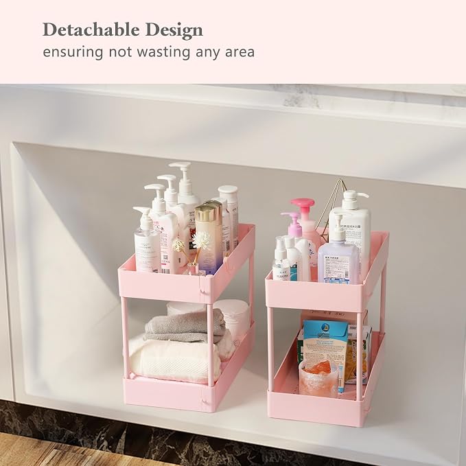 Danpinera 4-Tier Pink Slim Storage Cart, Narrow Laundry Cart with Wheels, Dividers, Hanging Cups, Hooks, Easy Assembly