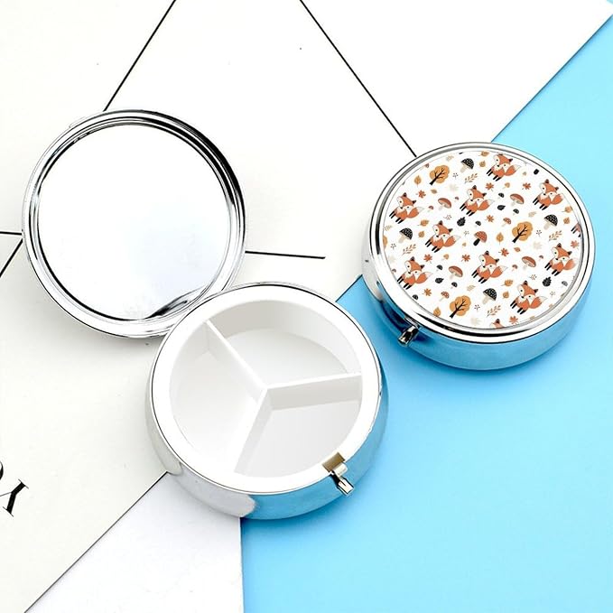 Pocket Pill Case, Cute Fox Fall Mushrooms Compact Round Holder, Travel Organizer for Supplements, Waterproof Pill Box Purse Use for Professionals
