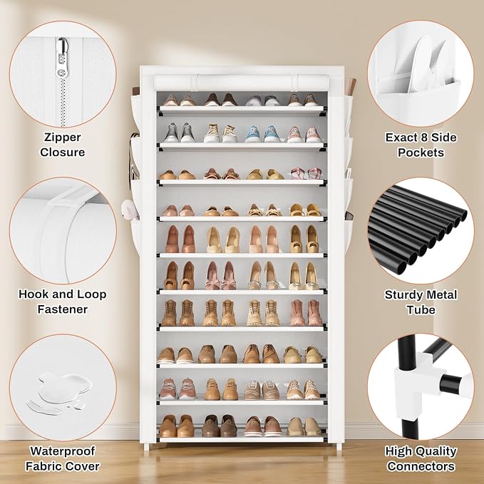 VTRIN Tall Shoe Rack with Cover, 10 Tier Shoe Organizer Storage for 50-55 Pairs Shoes and Boots Large Capacity Shoe Shelf with 8 Pockets Free Standing Shoe Rack for Closet, Entryway, Garage, White