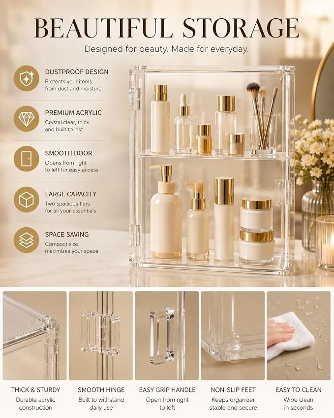 2-Tier Acrylic Display Case with Magnetic Door, Clear Makeup & Skincare Organizer for Bathroom Countertop, Dustproof Vanity Storage Cabinet for Cosmetics, Perfume & Beauty Products