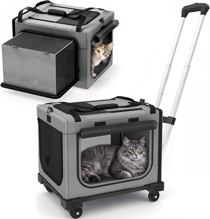 Rolling Cat Carrier with Wheels, 16.5 x 13 x 11.8 in, Light Gray | Expandable, foldable soft-sided carrier with detachable wheels and telescopic handle for cats and small dogs