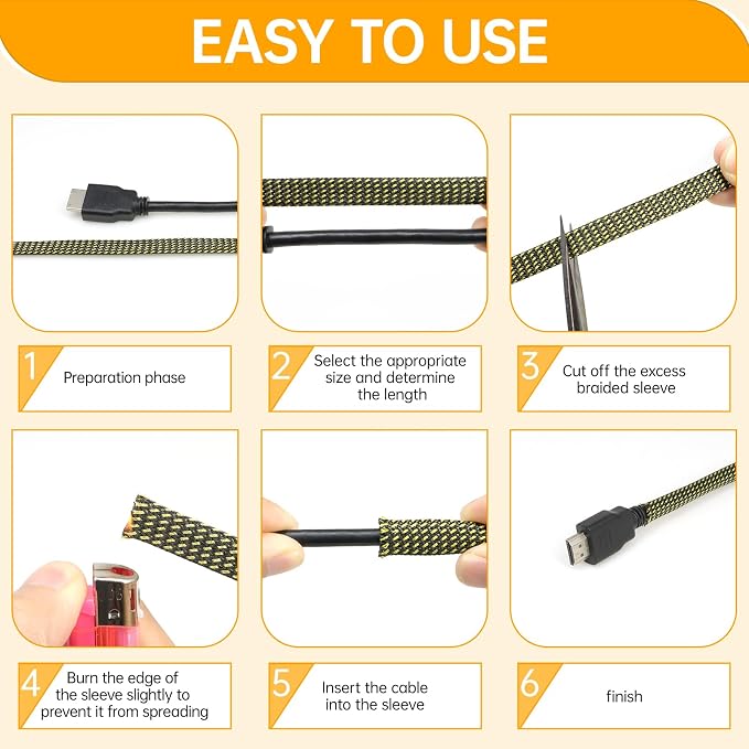 Braided Cable Sleeve 33ft, PET Expandable Wire Loom for Automotive Wiring Harness & PC Computer Case, Audio Video Cable Management System (Black-Gold, 4mm (5/32"))