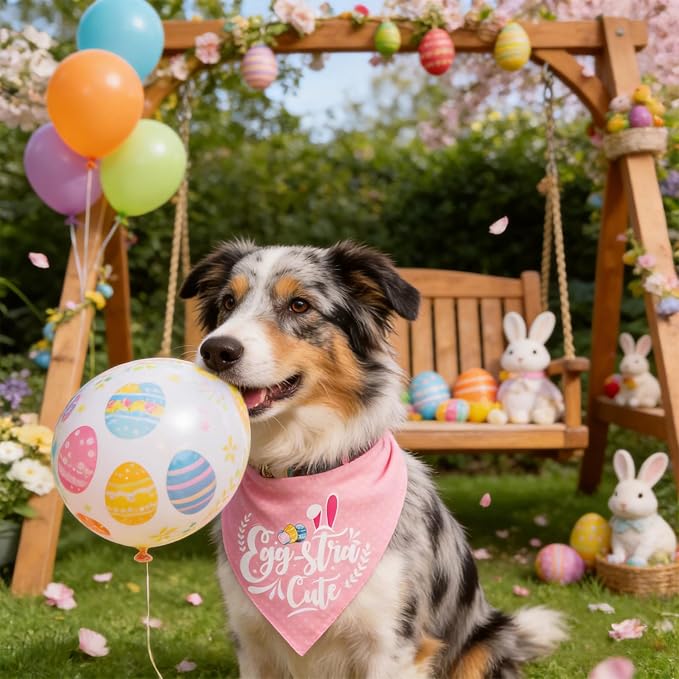 Easter 2-in-1 Dog Bandana with Egg-Stra Cute & Some Bunny Love Me Lovely Saying, Pink Pet Holiday Costumes Scarf with Snap Button, Large to Giant Breeds (75lbs+)