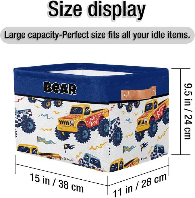 Personalized Storage Bins for Boys, Customized Name Storage Basket Rectangle Clothes Organizer for Organizing Kids and Pets Toys Shelf Closet, Cartoon Tractors Pattern