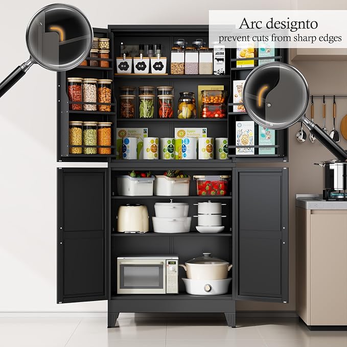 Black Kitchen Pantry Storage Cabinet, 75" Metal Storage Cabinet | Steel Storage with Doors and 3 Adjustable Shelves, Metal Freestanding Buffet Cupboards Sideboard, for Office, Home, School