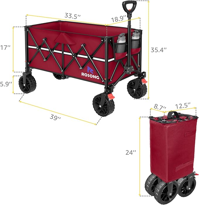 ROSONG Collapsible Wagon Cart with Wheels Foldable - Folding Utility Heavy Duty Wagons Carts for Grocery Sports Garden Shopping Camping Wheelbarrows (Burgundy, 150L)