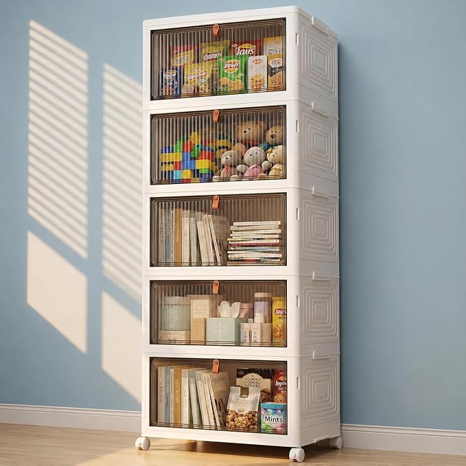 LDQ 170 Qt Large Storage Bins with Lids, 5 Tier Stackable Storage Cabinet with Wheels & Clear Doors, Foldable Plastic Closet Organizer for Bedroom, Bathroom & Kitchen