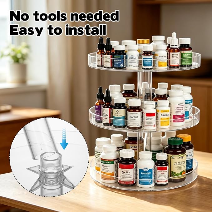 Medicine Bottle Organizer Shelf, 3-Tier Medicine Cabinet Organizer for Countertop and Bathroom, Transparent Removable Organizer for Small Medication Bottles Small Vitamins Bottles
