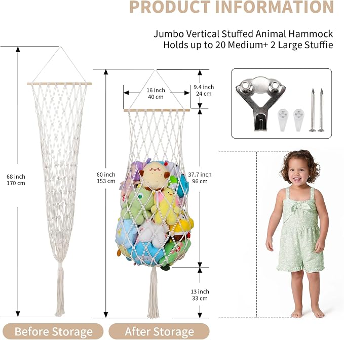 68 Inch Stuffed Animal Storage Net Corner Stuffy Hammock,Cream | Boho Macrame Large Toy Hammock for Stuffed Animals Organizer,Wall Ceiling Over Door Stuffy Storage Holder,Nursery Room Decor