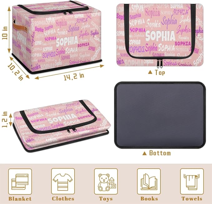 Custom Storage Baskets for Kids with Name, Pale Pink Background Large Foldable Organizer Collapsible Storage Bin with Zipper Lid Leather Handle for Home Toys Closet Nursery