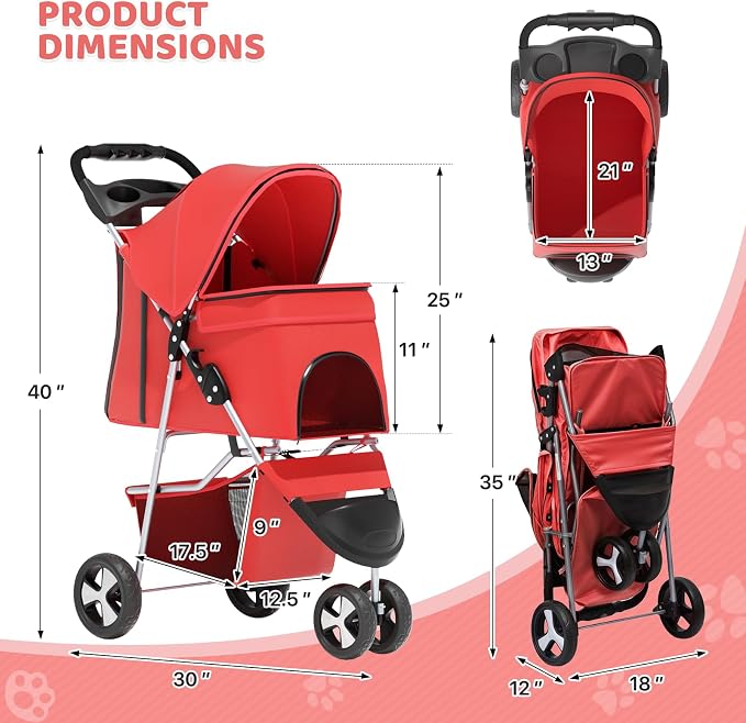 Magshion 3-Wheel Pet Stroller for Small/Medium Dogs & Cats, Up to 33lbs | Foldable Travel Jogger w/ Breathable Mesh Cover, Lightweight Design, Safety Tethers, Cup Holder & Storage Basket