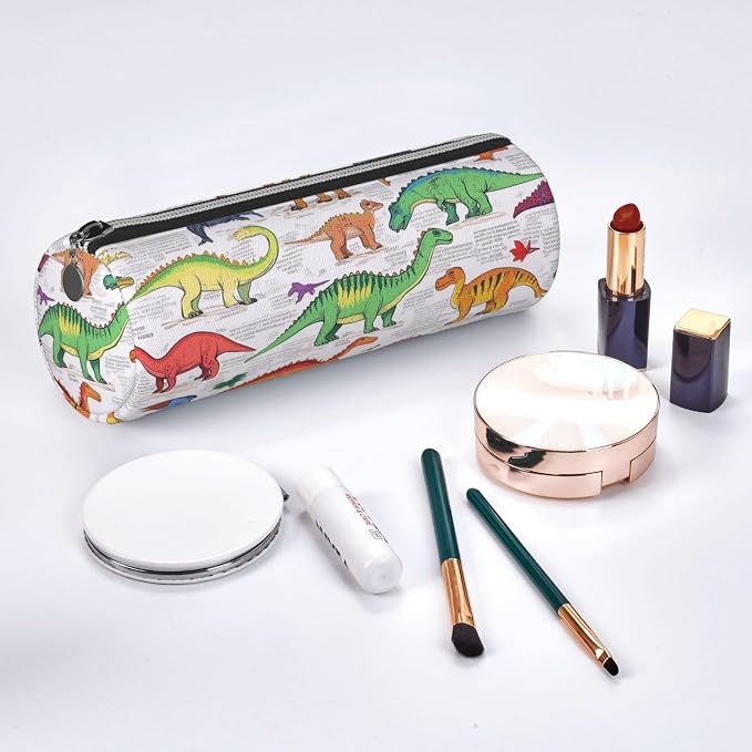 OSAM SPACE Leather Pencil Case Round Pencil Bag Dinosaurs in Various Pen Organizer Holder Portable Zipper Pouch Cute School Supplies for Girls Boys Study Office