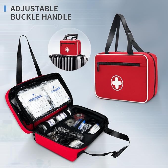 Portable First Aid Bag, Empty Emergency Trauma Kit with Reflective Strips, Multi-Compartment Medical Organizer for Travel, Camping, Car, Outdoor and Home, BAG ONLY (Red)