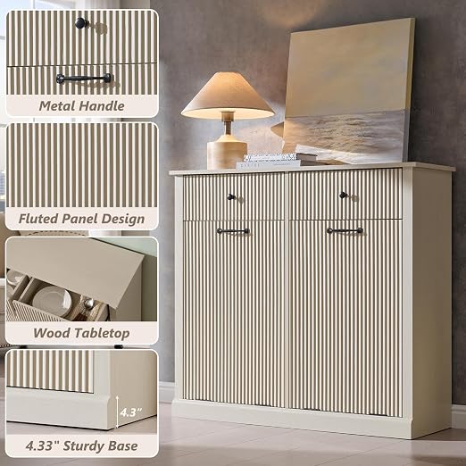 IFGET Double Tilt-Out Trash Cabinet, Fluted Laundry Hamper Cabinet, Cream