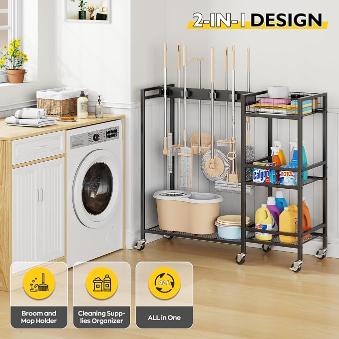 Broom Holder with Cleaning Supplies Organizer, Movable Broom Closet Storage Cabinet with Cleaning Caddy, Cleaning Cart with Mop Rack, Janitorial Housekeeping Cart on Wheels, Laundry Room Organization