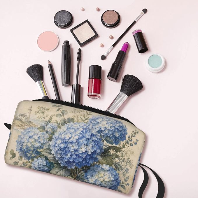 Blue Hydrangea Bloom Makeup Bag for Women | Small Travel Cosmetic Pouch with Zipper, Compact Makeup Organizer Bag for Purse, Toiletries, Skincare & Daily Essentials