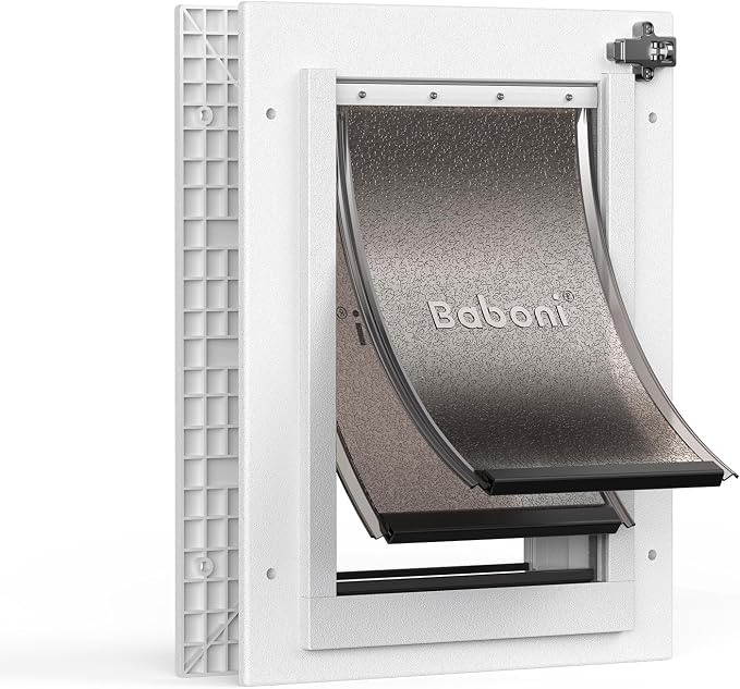Baboni Dog Door for Door,Durable Plastic Frame,Small(Plus) | Pets Up to 20 Lb,for Interior and Exterior Doors,Aluminum Lock,Metal Panel,Strong Magnetic Flaps, Never Rust